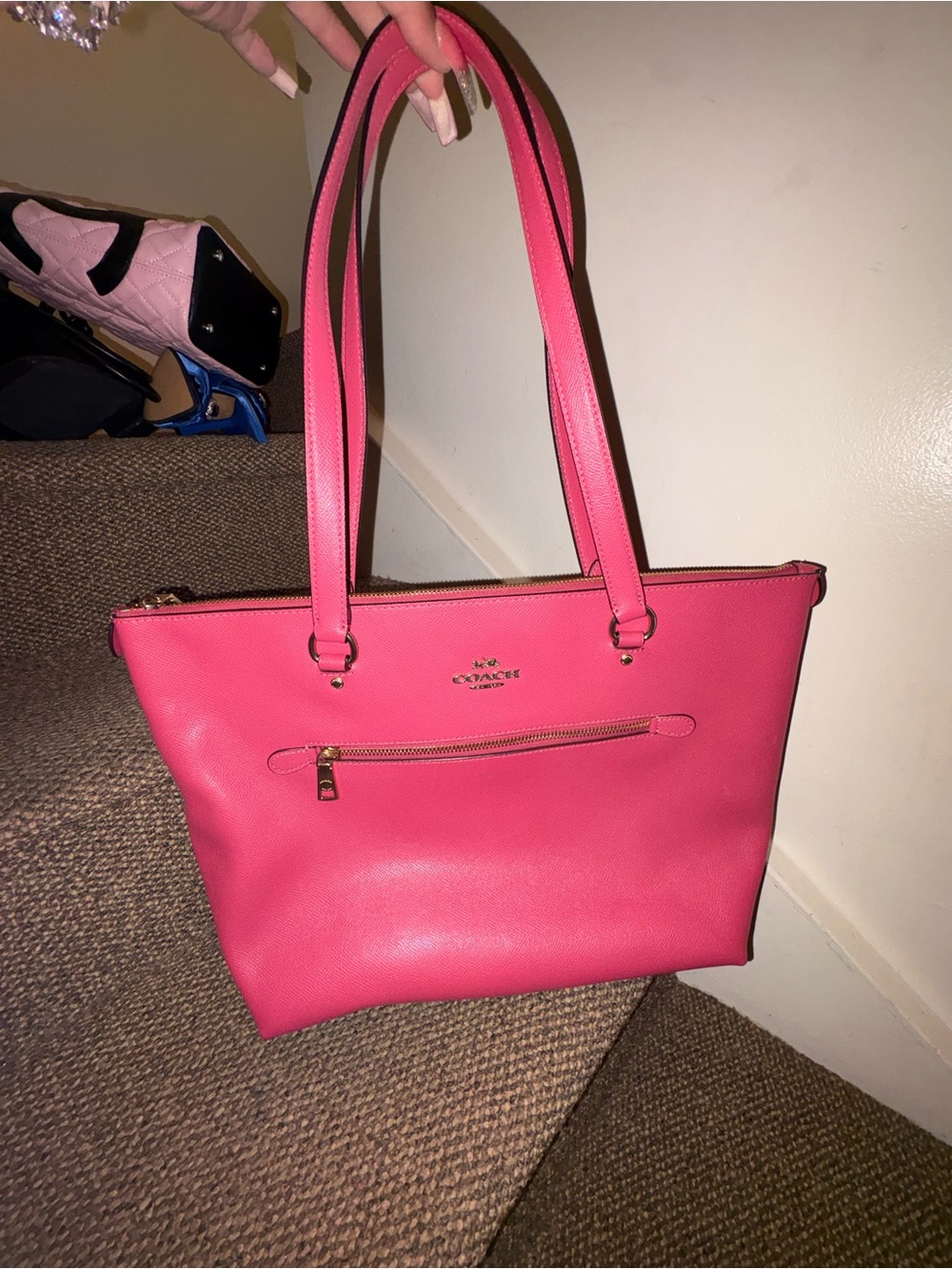 Coach Hot Pink Leather Tote with Exterior Zip Pocket